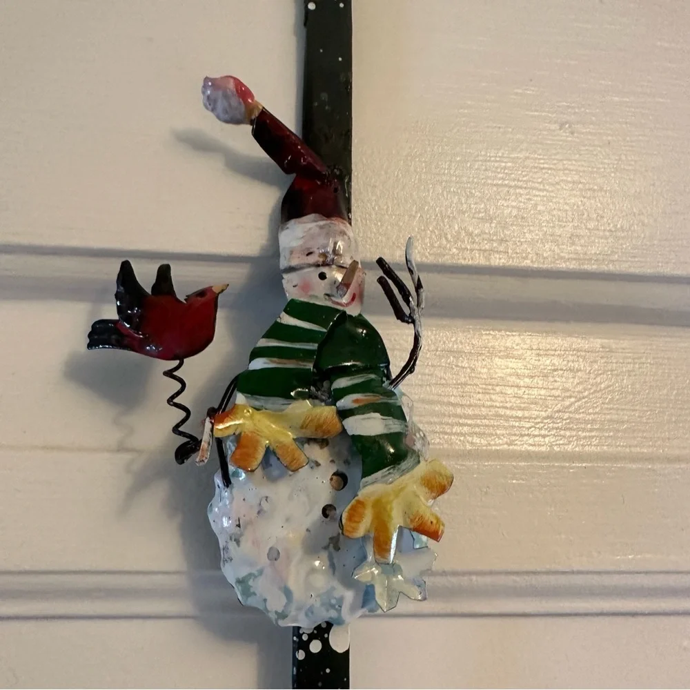Metal Snowman And Red Cardnial Wreath Over The Door Hook